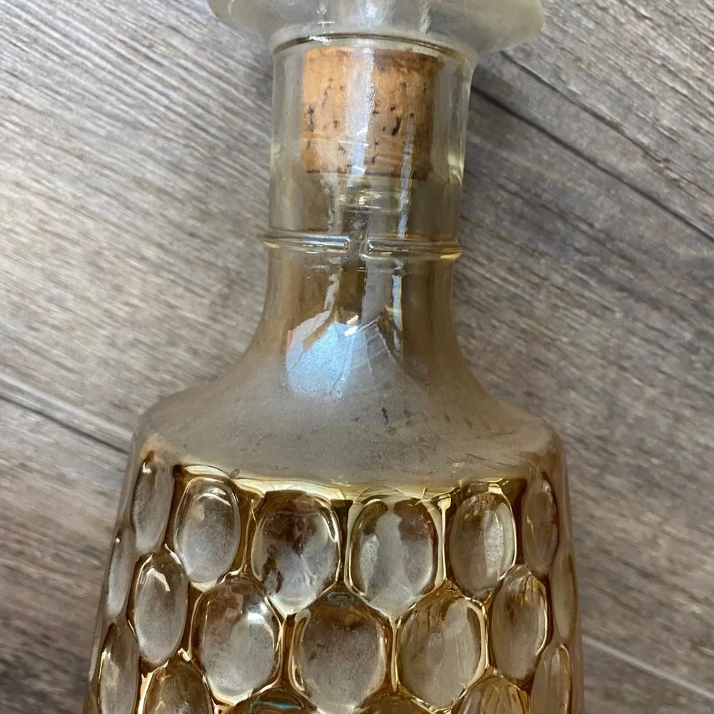 Vintage Amber Glass Thumbprint Decanter with Stopper Mid Century Modern Barware